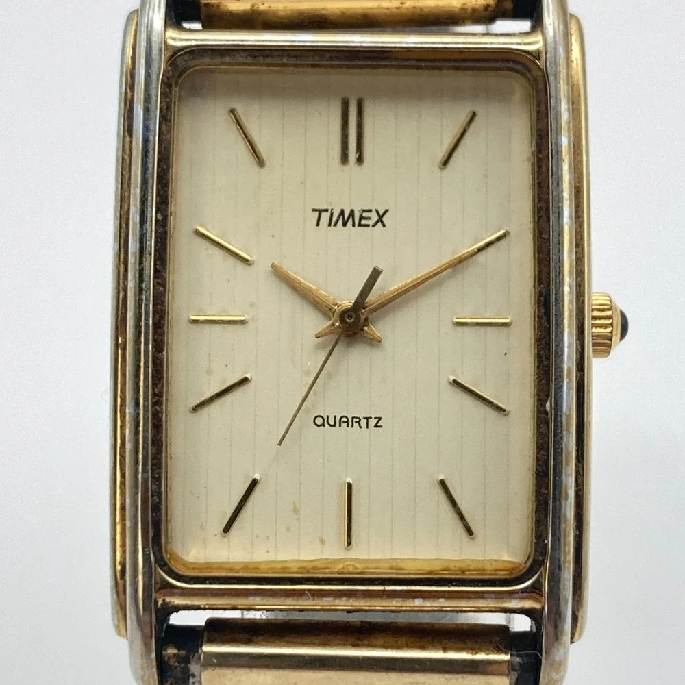 Vintage Timex Men's Tank Watch 25mm Gold Tone Striped Dial New Battery 7
